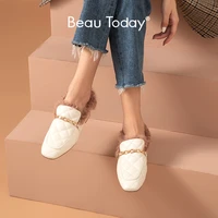 beautoday wool slippers women sheepskin leather mules slip on home shoes chain decorated square toe moccasin ladies flats 27828