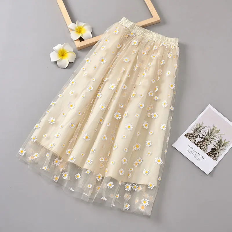 

Kids Girls 2022 Summer New Embroidery Princess Long Lace Skirts Children Clothing Fashion Elastic Waist Printing Mesh Shirt W271