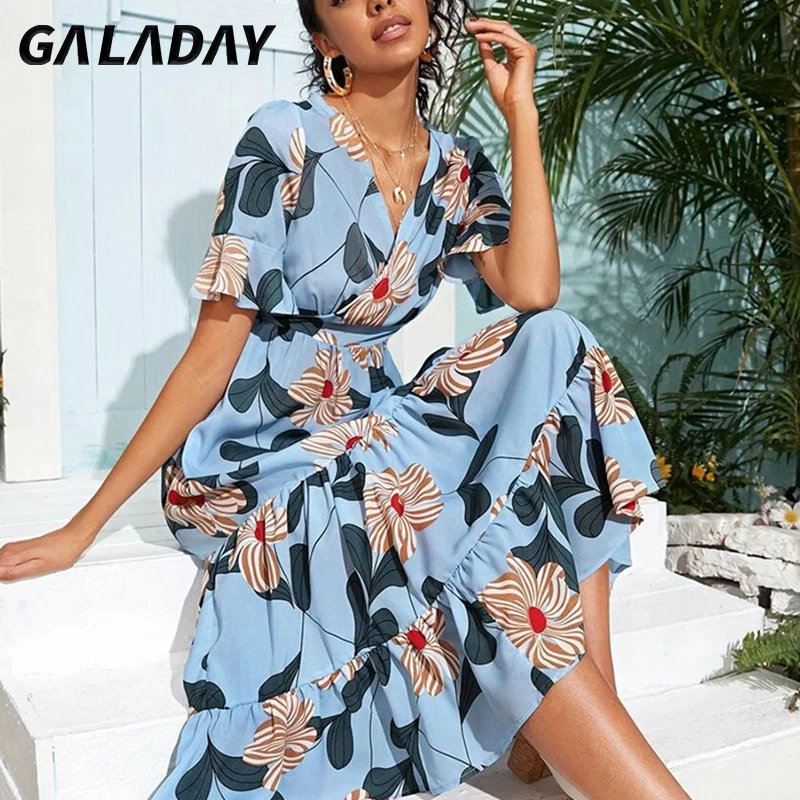 

Galaday summer Long Dress 2021 chiffon V-neck waist slimming flared sleeve beach holiday dress Women clothing casual Prom dress