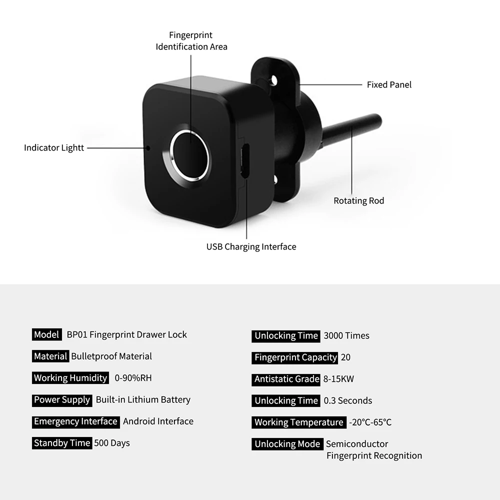 

BP01 USB Rechargeable Intelligent Fingerprint Cabinet Drawer Keyless Digital Anti-Theft Safety Lock