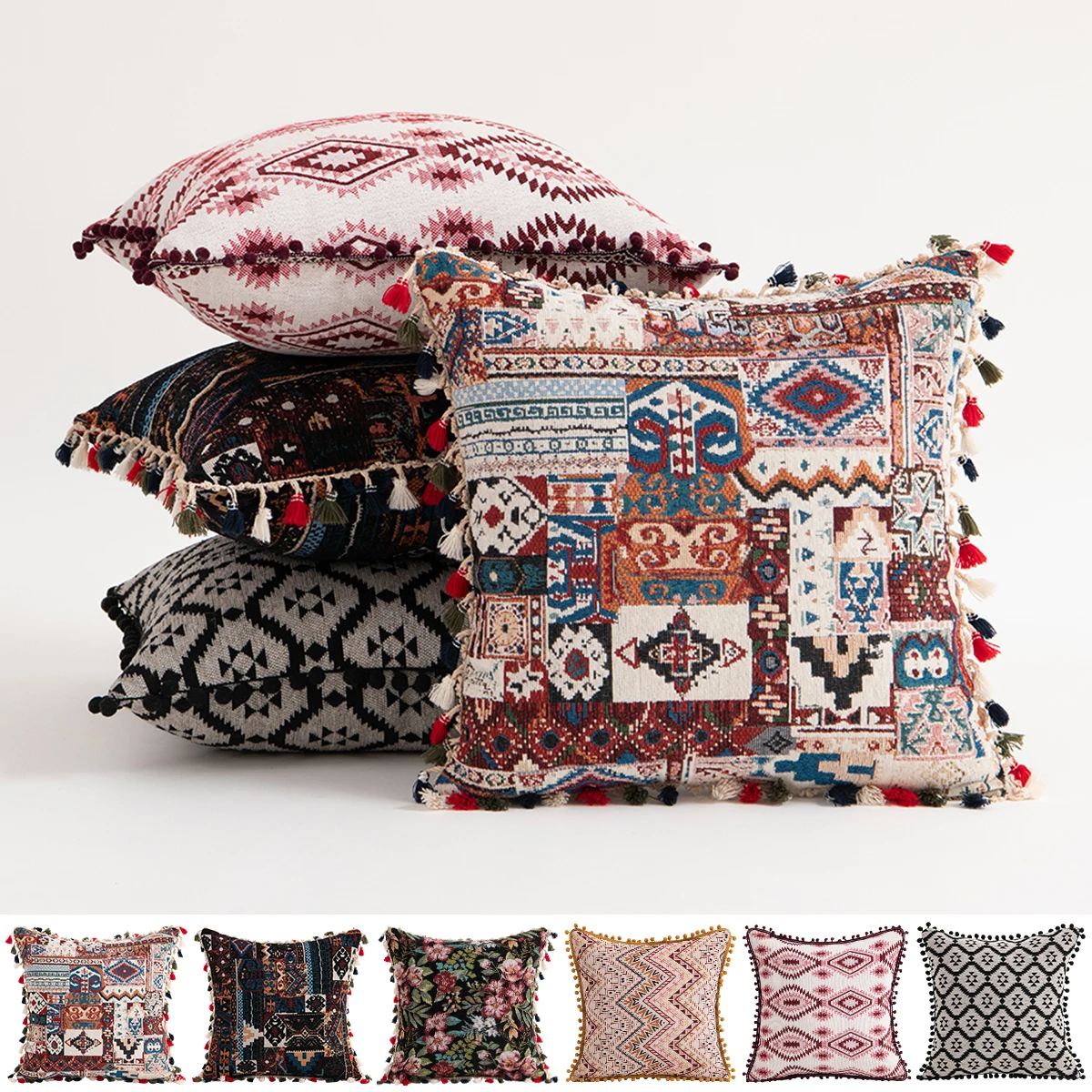 

45x45cm Morocco Jacquard Cushion Cover Floral Print Pillow Cases Vintage Pillow Covers Decorative Christmas Tassel Pillowcase