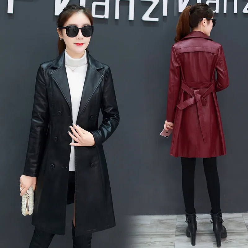 Женский облегающий длинный тренчкот повседневная куртка из искусственной кожи в