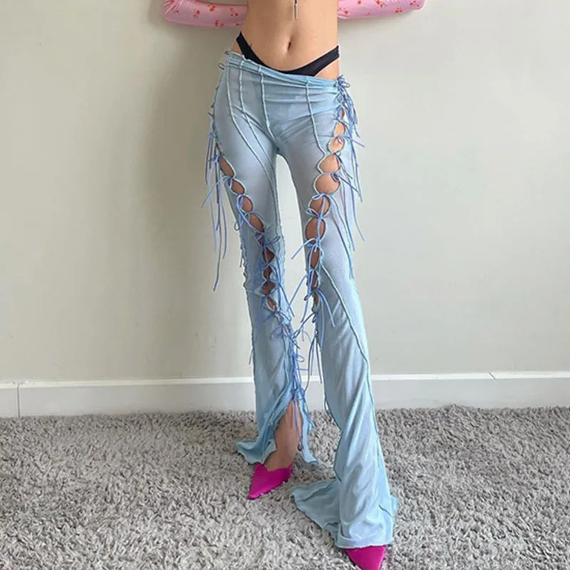 

Hollow Out Pant Ribbons Lace Up Split Solid Sexy Summer Trouser Women Clothing 2021 Korean Fashion Fairy Y2k Bodycon Capri Pants