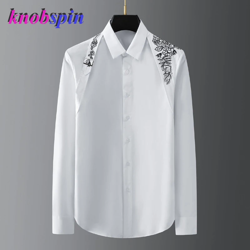 

Metal Buckle Ribbon Over The Shoulder Men Shirt Long Sleeve Slim Chemise homme High-end Pure Cotton Business Male Dress Shirts