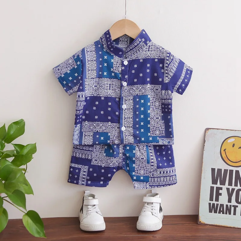 

Summer Hawaii Style Boys Sets Cool Fabric Blue Beach Vacation Kids Outfit Cotton Blend Children's Clothes