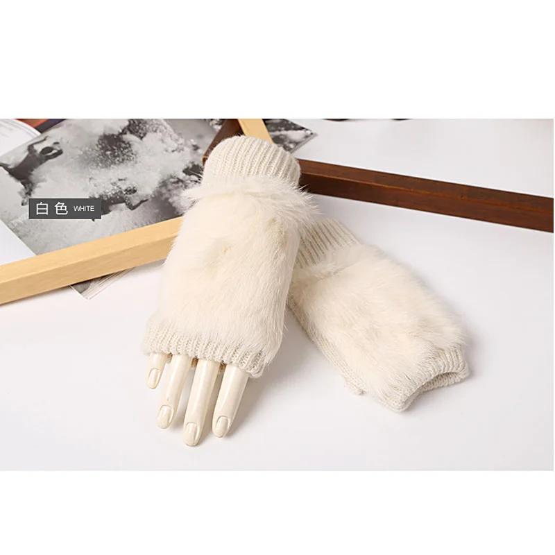 Women Rabbit. Fur Mitten Plush Glove Costume Cute Winter Warm Half Finger Gloves Women Female Gloves Mitten keep warm