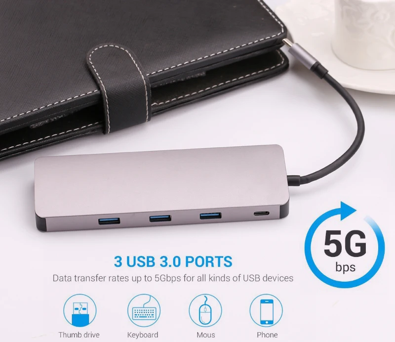 Тип C для питания 4K видео HDMI TV VGA 1000 Мбит/с гигабитный Ethernet Lan кабель адаптер 3 USB 0