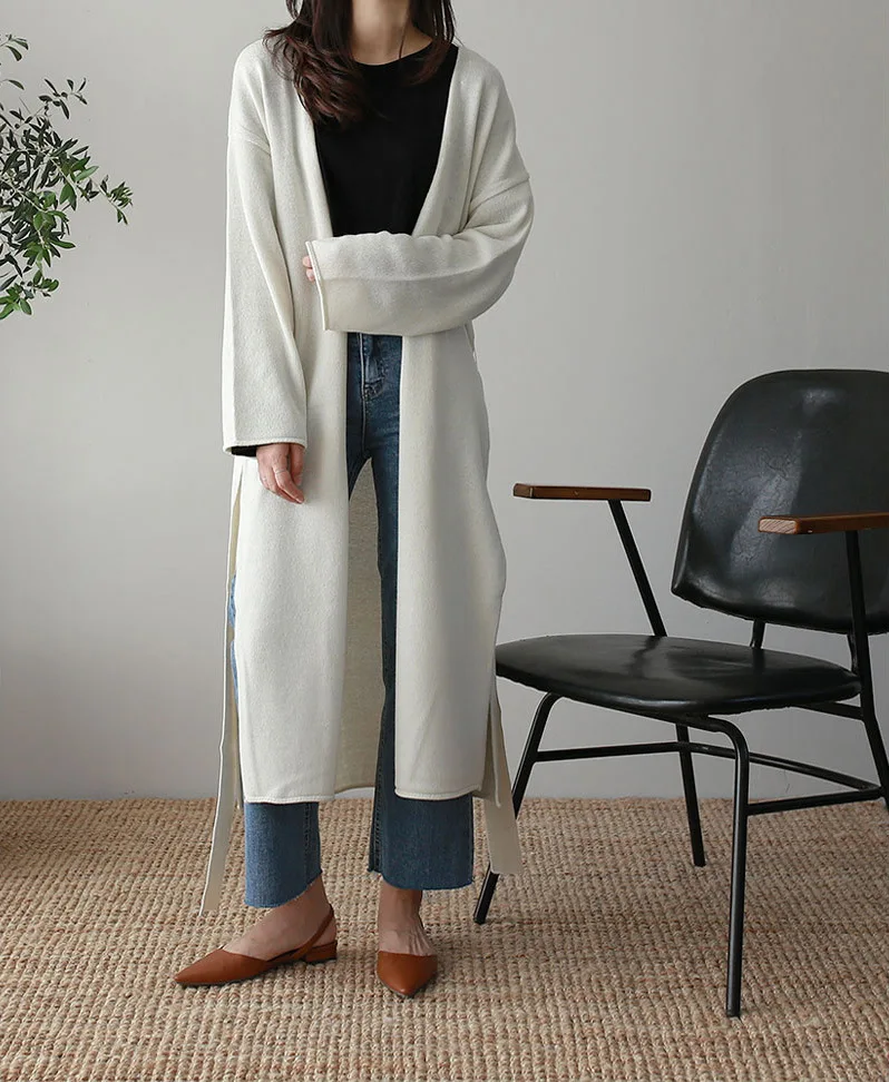 Autumn Winter Women's Cardigan Simple Belt Female New Fashion Long Coat Loose Type Wool Knitted Cardigan Female Outwear