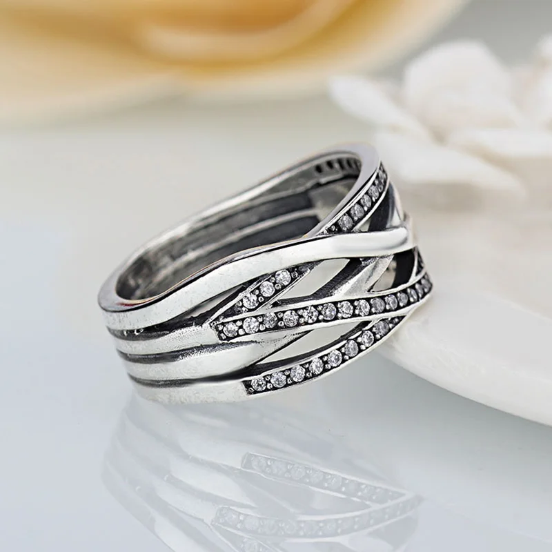 HOMOD Новое серебряное Сверкающее плетеное кольцо для женщин роскошное свадебное