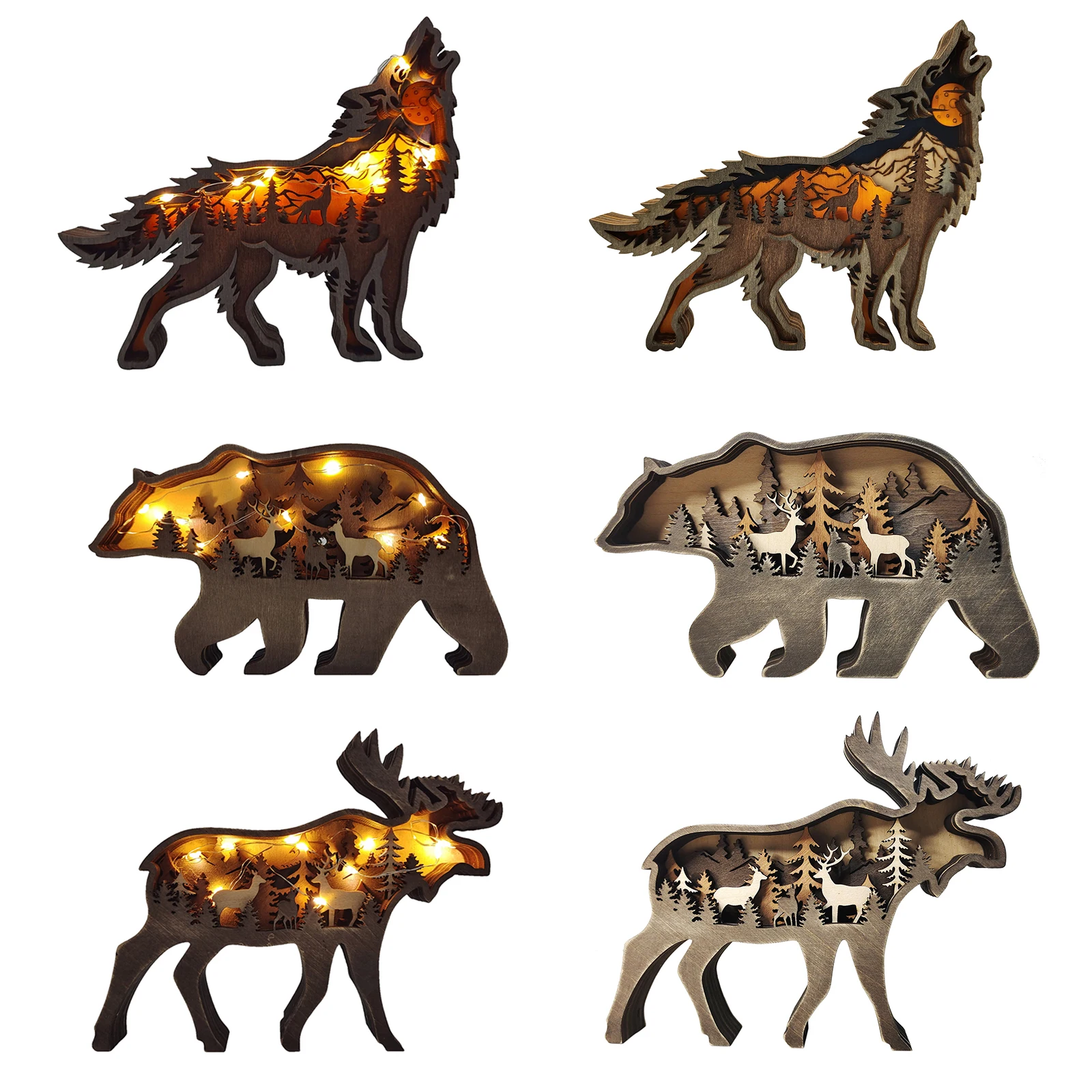 

Wooden Wolf Bear Deer Decorations with Light Carving Handcraft Suitable for Indoor and Outdoor Christmas Desktop Ornaments
