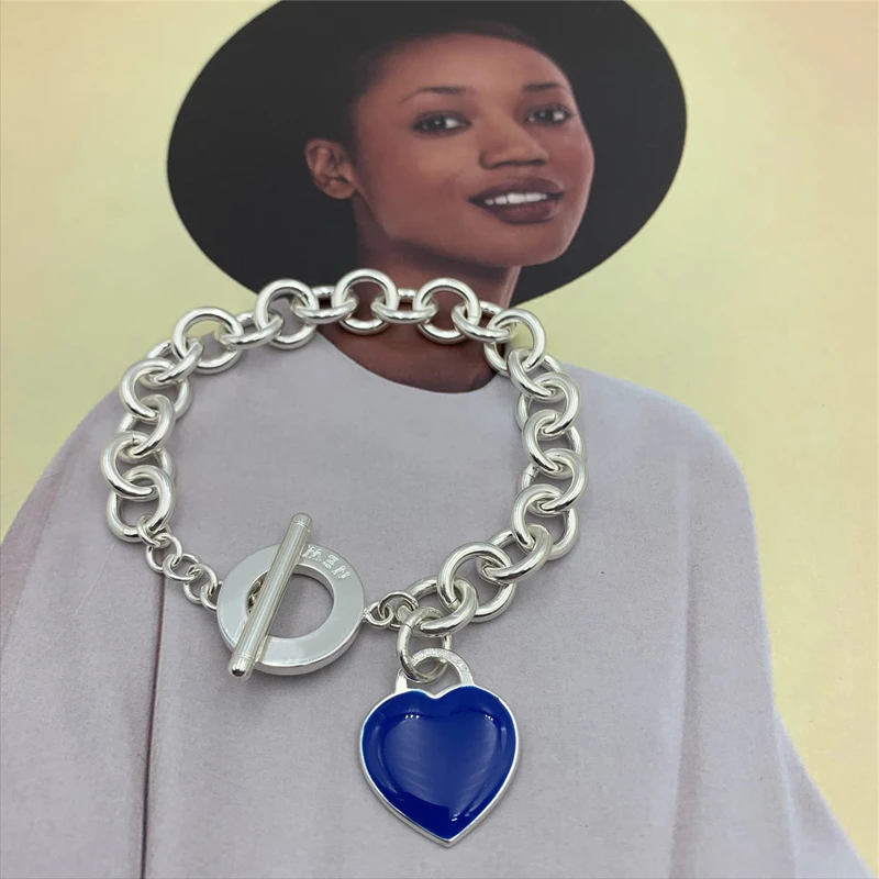 

Sterling silver 925 Bracelet fashion Heart shaped enamel accessories Rough Clavicle chain Circle buckle Women Jewelry gift