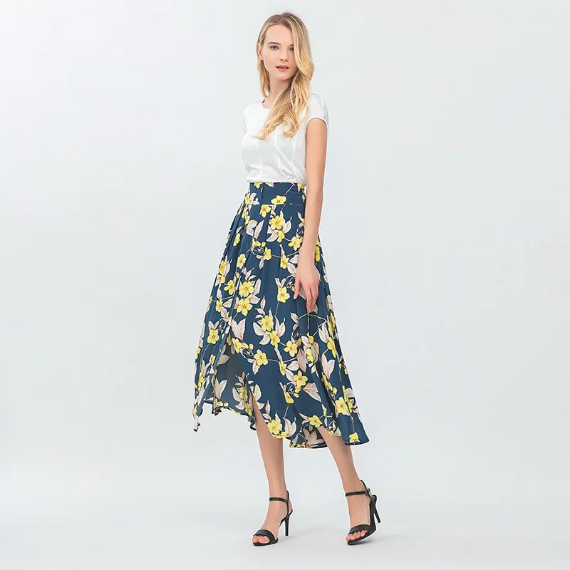 

VOA Jacquard Real Silk Large Rims Medium Waist Single-Breasted Cardigan Big Hemline Romantic Holiday Silk Skirt C6321