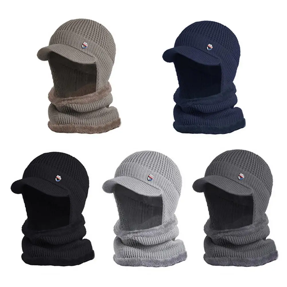 

Winter Beanie Hat with Brim Warm Knitted Hat with Neck Scarf