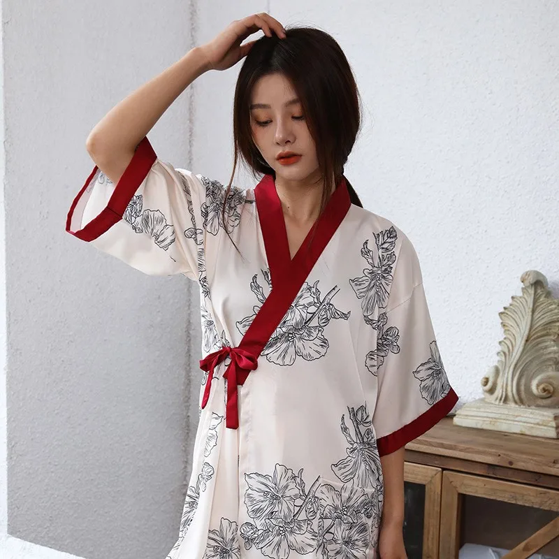 

Print Flower Nightwear Satin V-Neck Pajamas Suit With Belt Summer Home Clothes Sexy Loose Sleepwear 2PCS Sleep Top&Pants Set