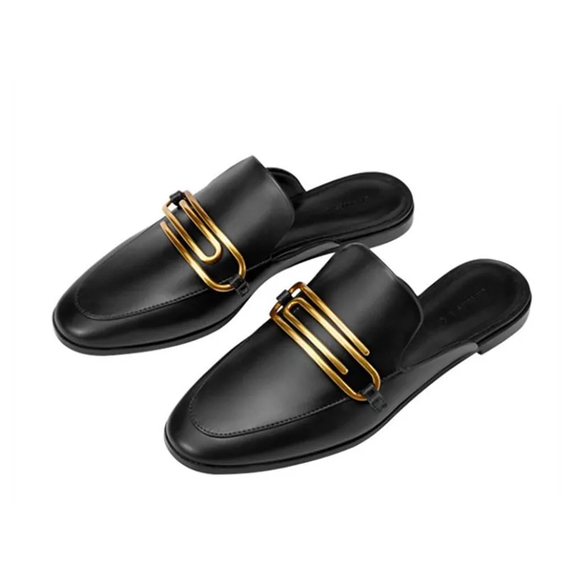 Low-heeled Slippers Women's British Style Breathable Slippers Metal Buckle Flat Mueller Shoes Womens Shoes Female Shoes