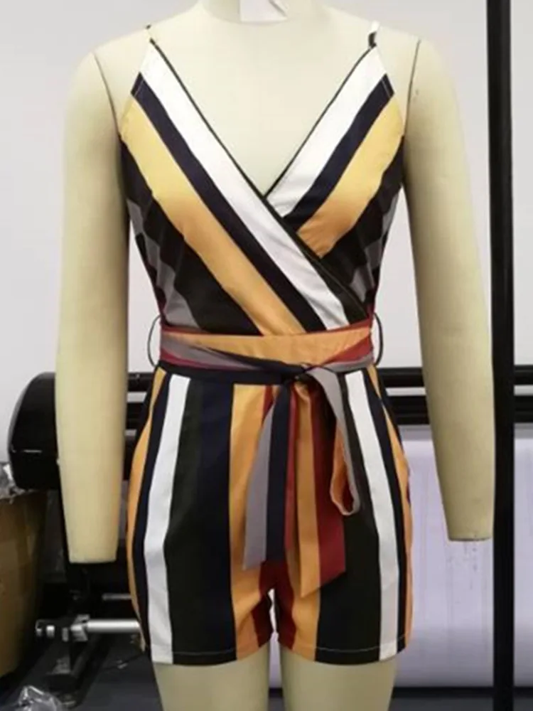 

Women Patchwork Striped Sleeveless Tied Rompers Short Jumpsuit Sexy Ladies V-neck One Piece Overall Playsuits