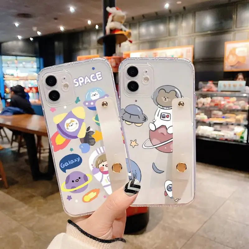 

Cute Cartoon Astronaut Planet Phone Case Wrist Strap For iPhone 7 8 11 12 X XS XR MINI Pro Max Plus Hand Band Transparent Clear
