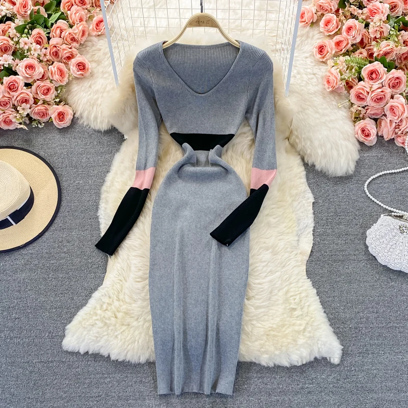 Fashion Patchwork Maxi Dresses Long Sleeve Knitted Sweater Robe Winter V Neck High Waist Elegant Slim Casual Midi Rib Vestidos | Женская