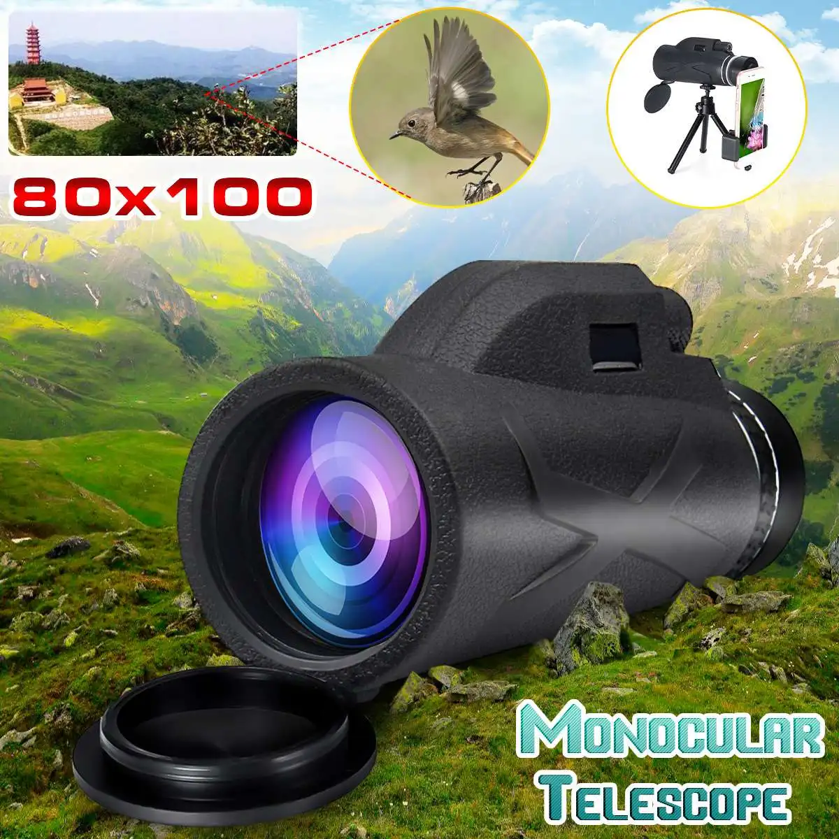 Портативный монокулярный телескоп с увеличением 80x100 мощный ручной военный HD для