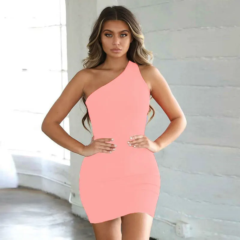 

Sexy Club Dresses Summer Solid Color Backless One Shoulder Nightclub Dress Bodycon Mini Sundress Party Vestidos