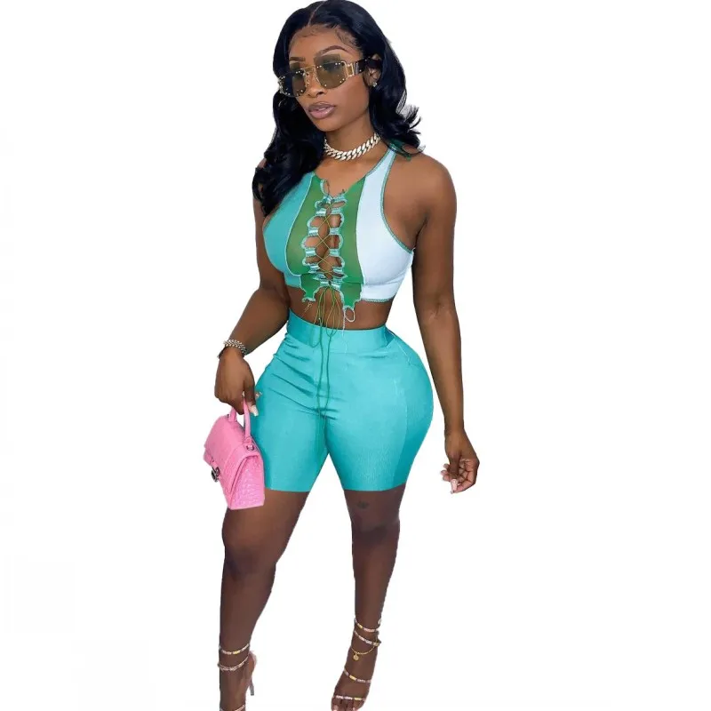 

Two Piece Shorts Sets Women Outfits Sleeveless Crop Tops And Shorts Outfits 2021 Splice Lace Up Hollow Sexy Summer Clubwear Set