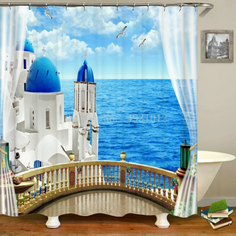 

Seaside Scenery Garden Flower European Garden Shower Curtain Bathroom Waterproof 3d Printing Shower Curtain With Hook Polyester