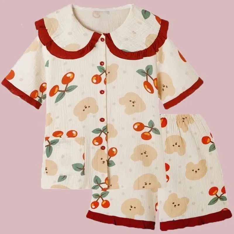 

QWEEK Cotton Women's Pajamas Kawaii Pijama Summer 2021 Sleepwear Funny Bear Print Suits with Shorts Cherry Pyjamas Set 2 Piece