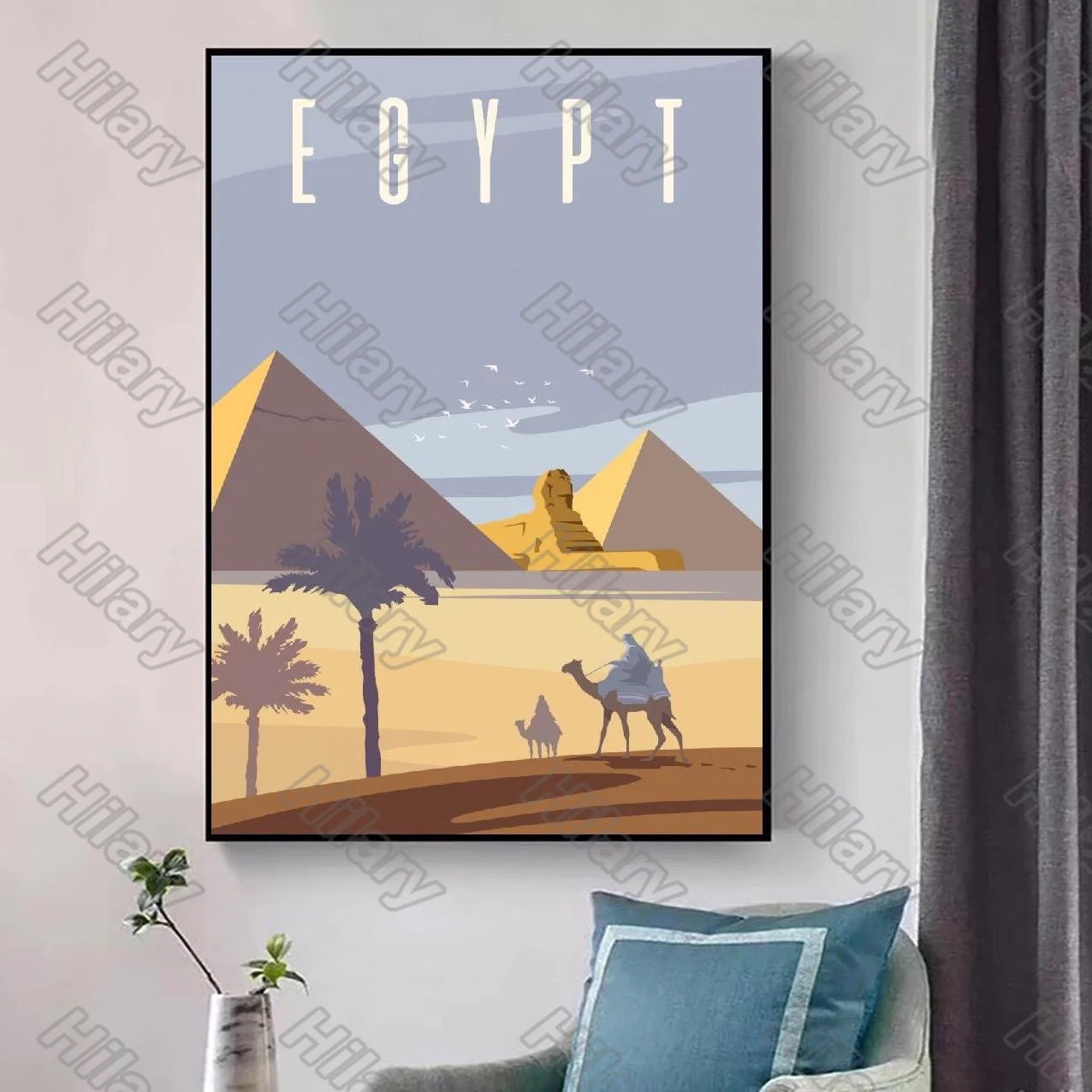 

Poster Cartoon Egyptian Pyramids Camel Canvas Painting Wall Art Nature Home Decoration for Living Room and Bedroom Frameless