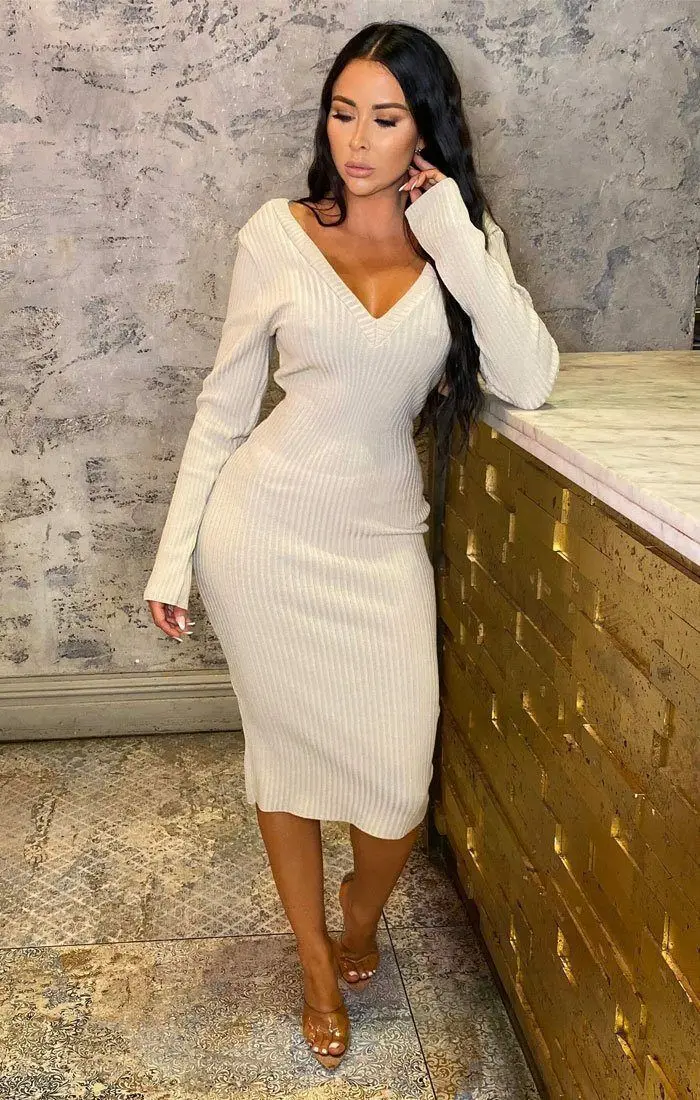 

Coffeehot Dresses Autumn women Black Casual long-sleeved solid color fashion V-neck sexy Backless White Midi Dress