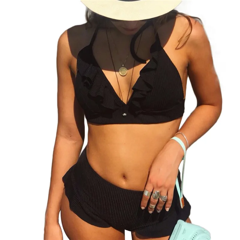 2020 пикантные однотонные Цвет бикини со сборками Для женщин пуш ап Мягкий Твердый