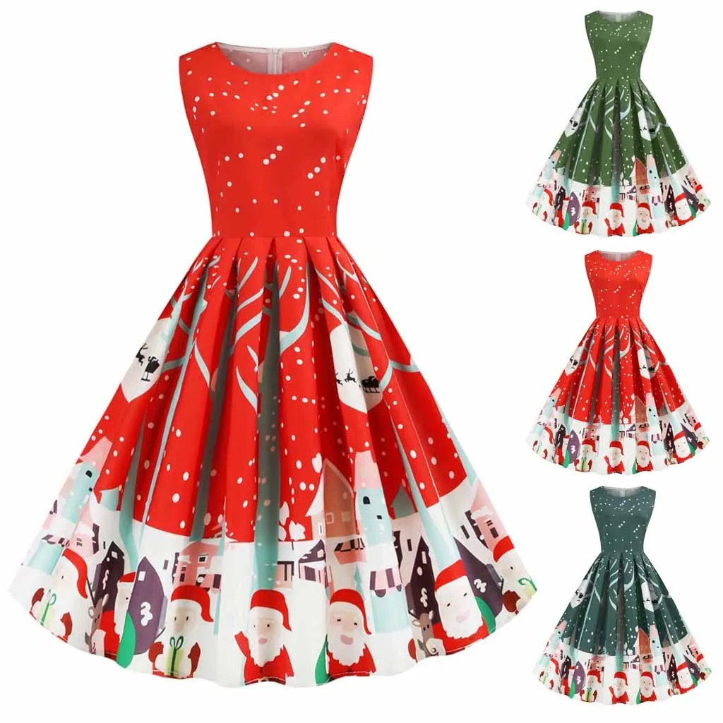 Новое Стильное женское платье на Рождество с круглым вырезом без рукавов