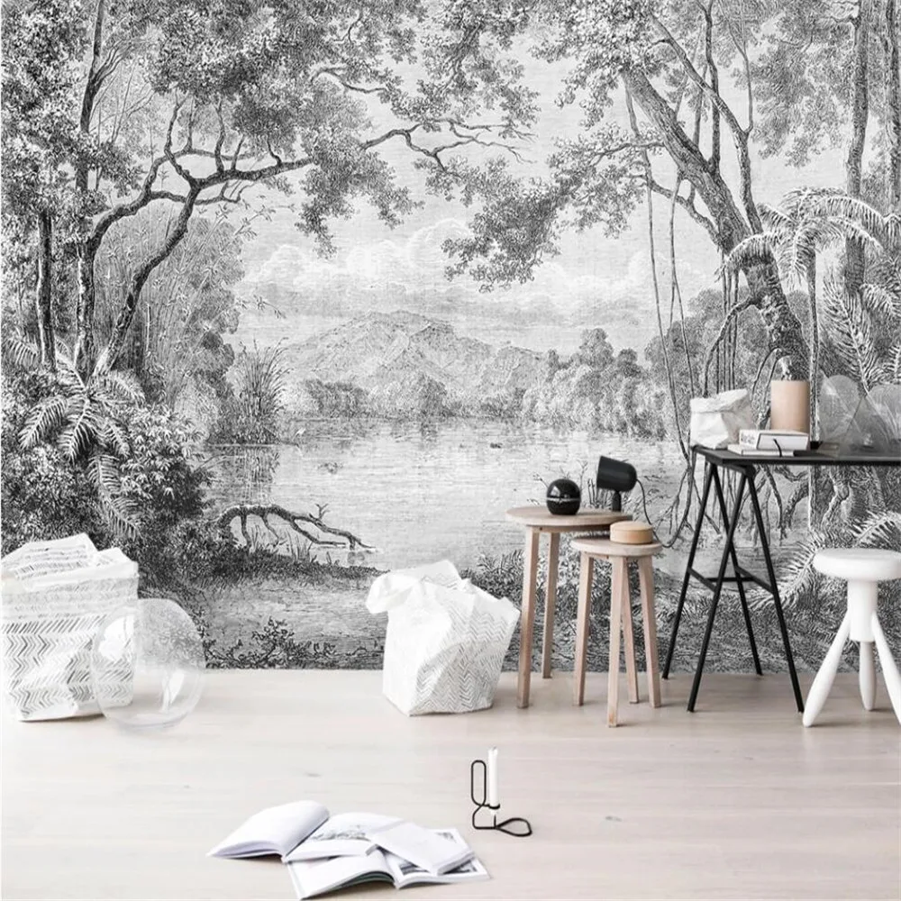 Пользовательские фотообои Milofi черно-белые европейские росписи лес ретро ручная роспись леса джунгли линия Живопись