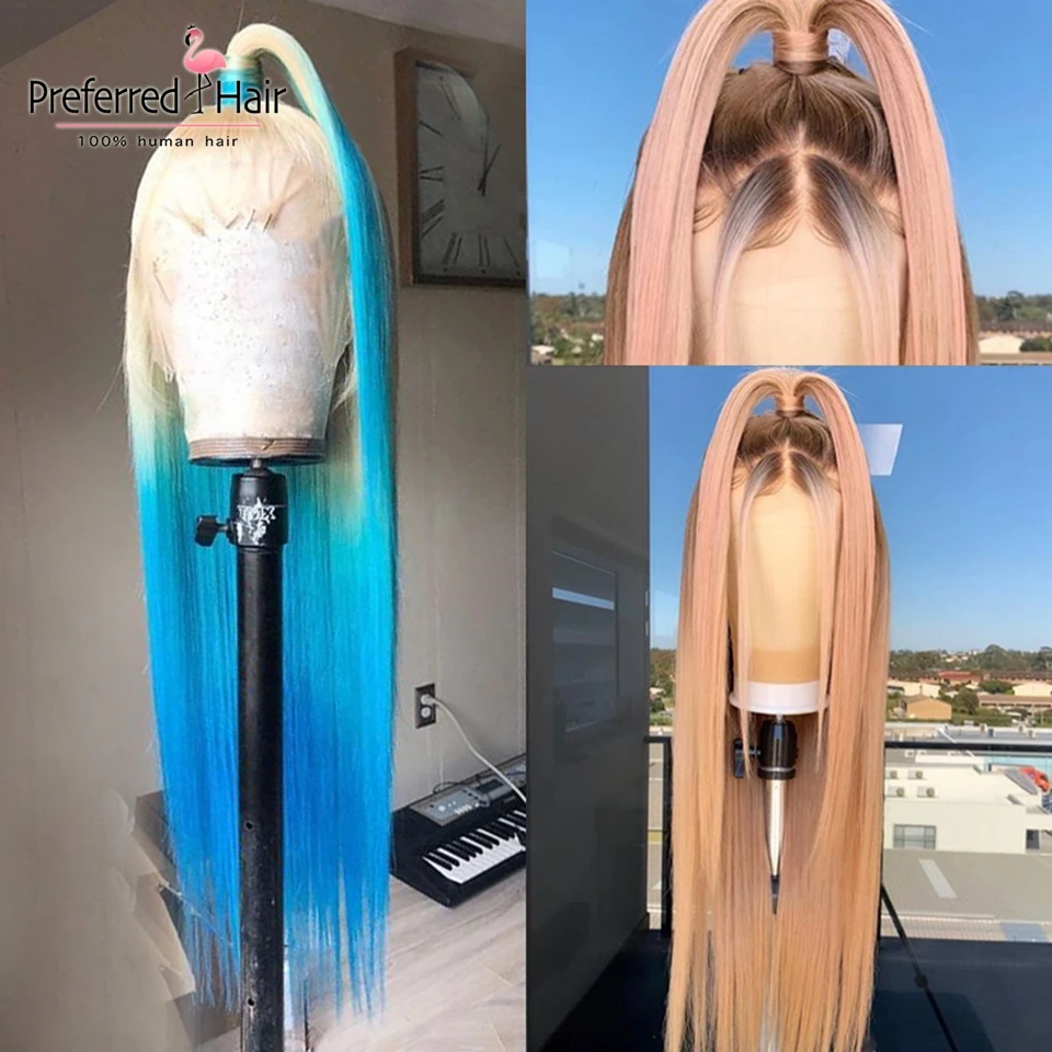 

Preferred Preplucked Ombre Human Hair Wig Straight Yellow Blonde To Blue Lace Front Wig Remy Brazilian Hair Wigs For Black Women