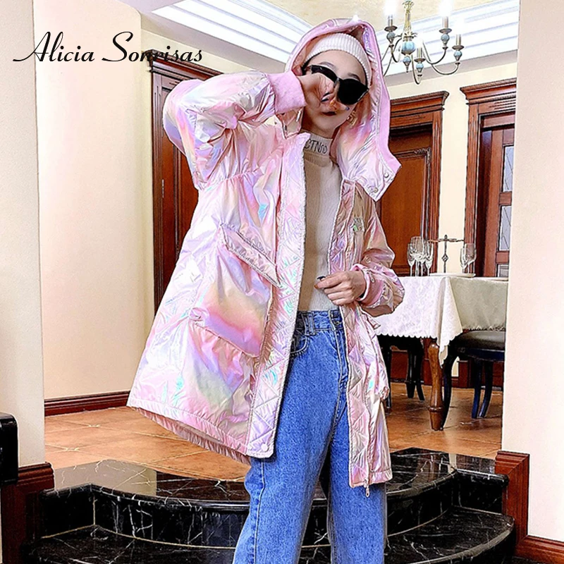 

Thin Cotton Padded Coat for Women 2021 New Loose Slim Korean Style Hooded Colorful Shiny Mid-Length Shell Pink Winter Parkas