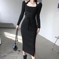 long sleeved knitted halterneck dress autumn and winter elegant sexy self cultivation romantic thin split mid length skirt black