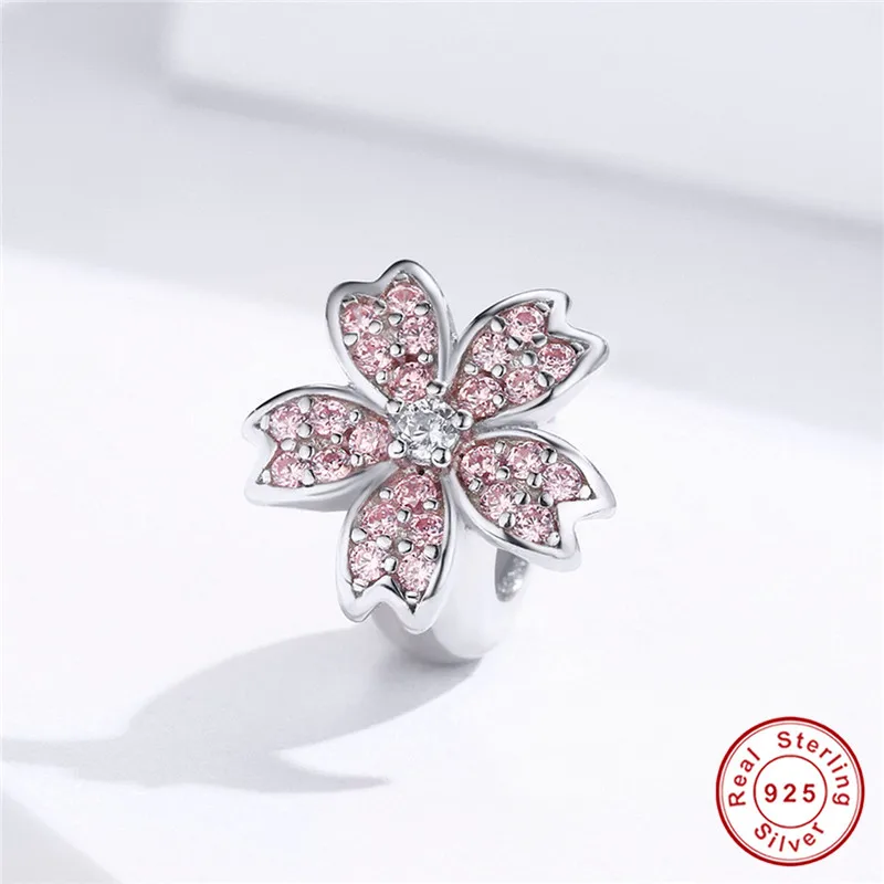 Fit Pandora браслет серебро 925 розовый циркон бусины-Вишенки S925 Симпатичные CZ японский цветок Разноцветные Подвески-талисманы для изготовления ювелирных изделий