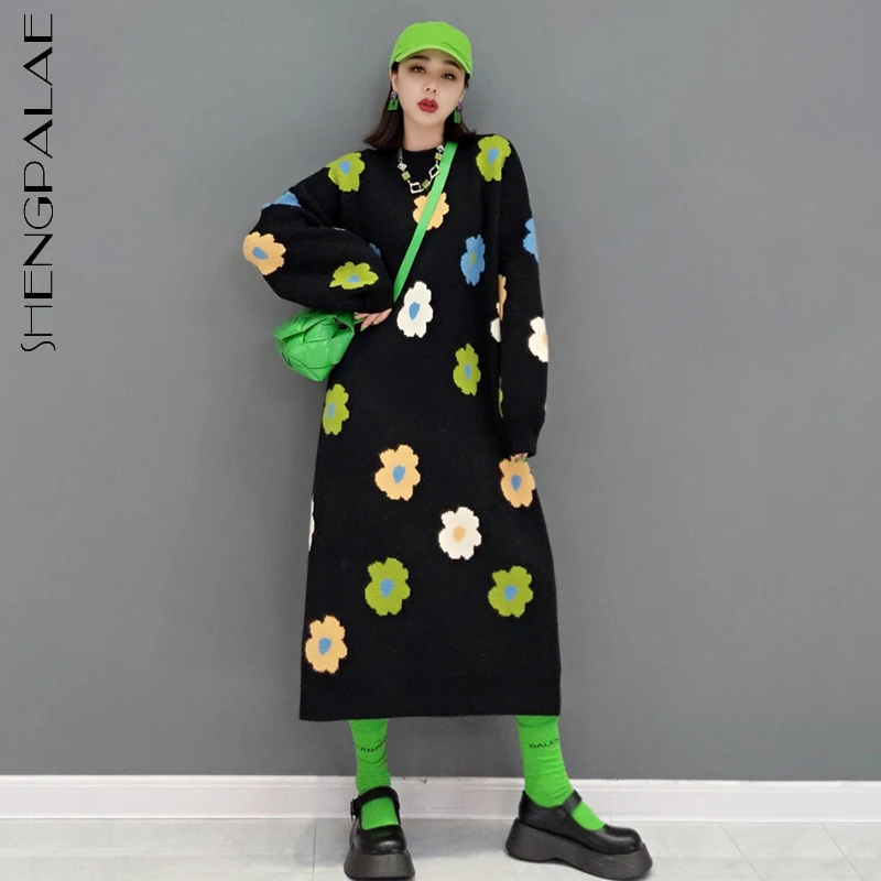 

SHENGPALAE Fashion Floral Knitted Derss Women's Autumn 2021 New Round Neck Loose Long Sleeve Mid-calf Dresses Female Tide 5E6691