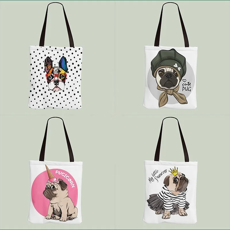

Pug canvas bag cartoon cute pug shoulder bag handbag home storage bag supermarket purchase bag