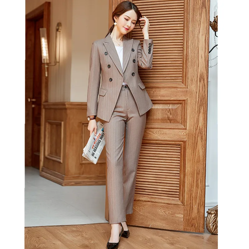Деловой Женский костюм с длинным рукавом двубортный Блейзер длинные брюки