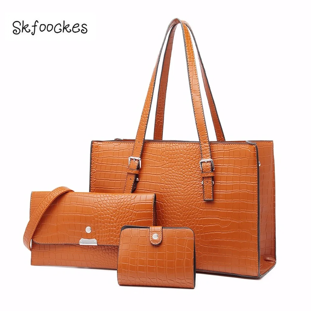 

SKFOOCKES 3pcs Women's Bag 2021 New Style Handbag Solid Color Fashion Shoulder Bag Crocodile Pattern Three-piece Messenger Bag