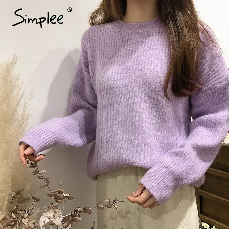 Simplee Autumn winter women's purple sweater Casual simple fashion knitted pullover Pink drop shoulder sleeve o-neck | Женская