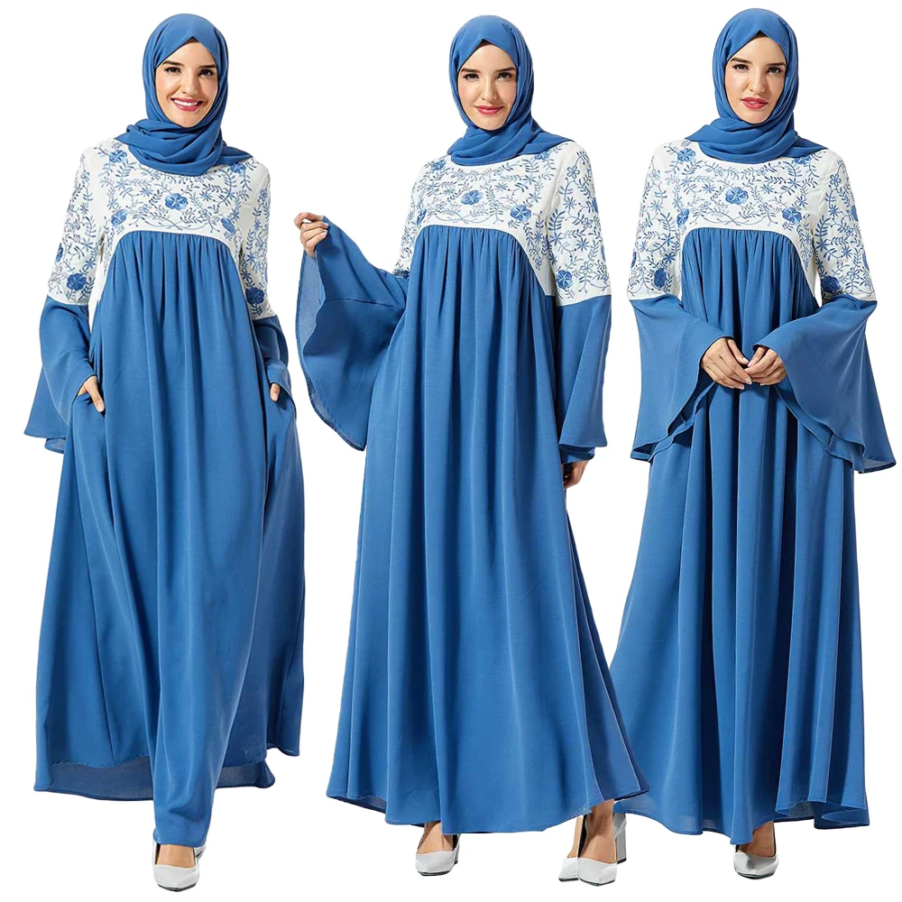 Рамадан мусульманская вышивка Абая с расклешенными рукавами макси платье для