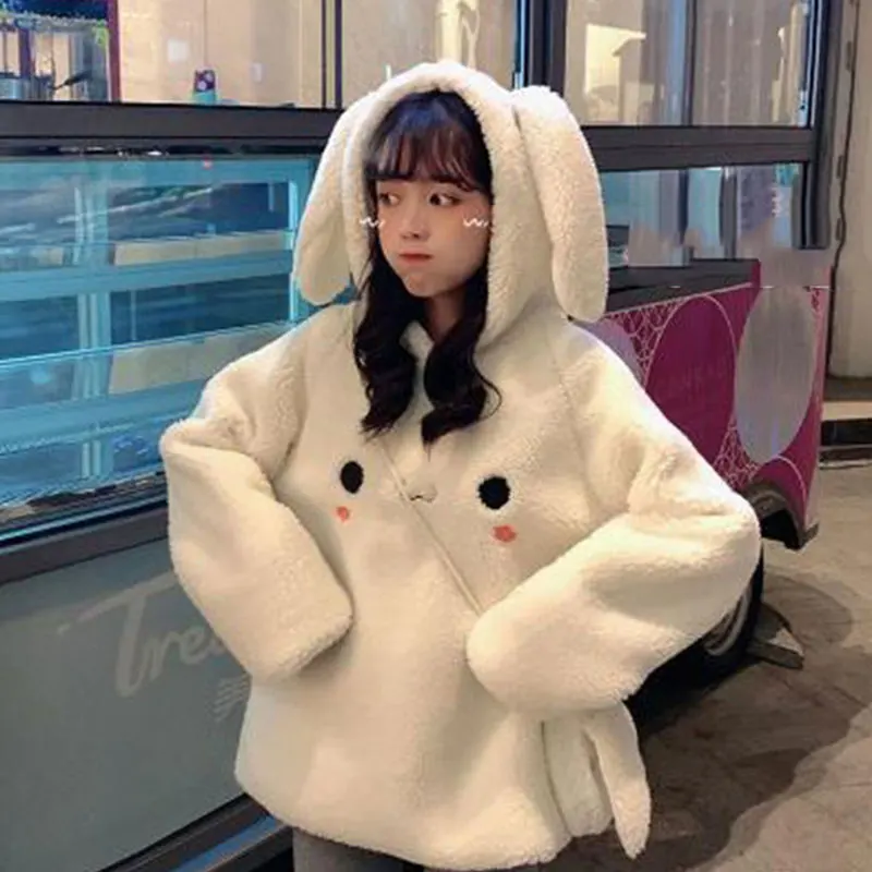 Jacket Warm Outerwear Kawaii Hoodie Women Winter Loose Fluffy Rubbit Ear Pullover Girl Hooded Cute Sweatshirt Girl Coat 2022