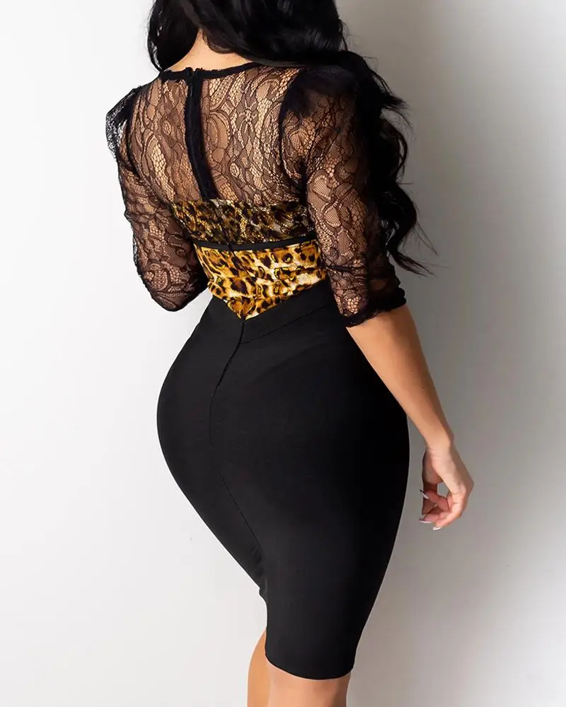 

Lace Leopard Tight Waist Bodycon Dress Women Half Sleeve Lace Patchwork Sexy Party Dress Transparent Knee Vestidos