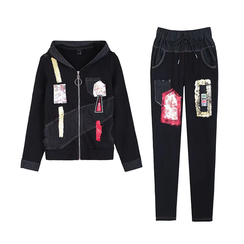 

SOUL OF TIGER 2020 Korean Luxury Brand Ladies Punk Style Hoodies And Pants Women Casual Printed Suits Black Denim Two Piece Sets