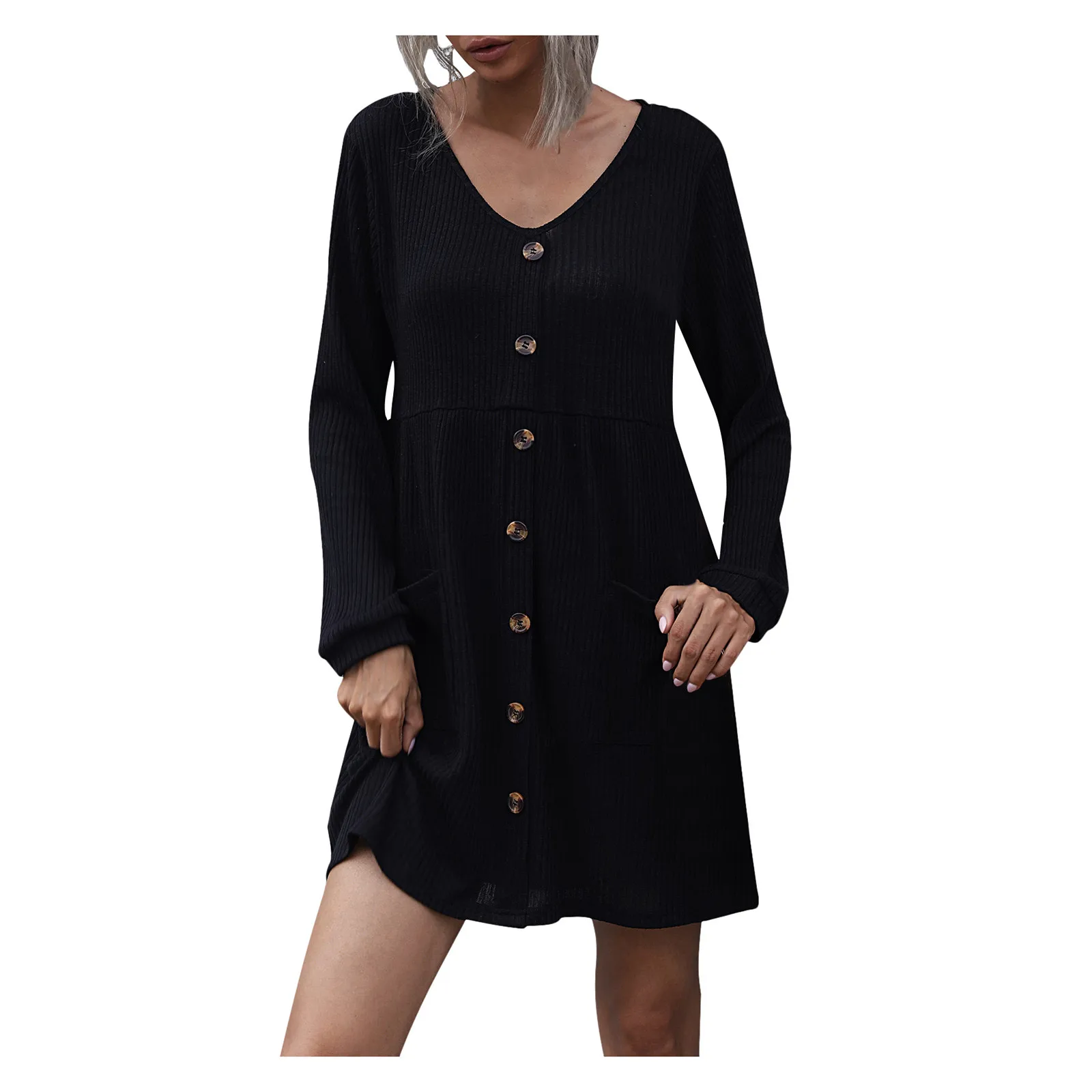 

Women's Black Long Sleeved Short V-neck Plain Loose Dress