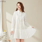ARTKA 2020 Ранняя осень Новое Женское Платье из 100% хлопка элегантное кружевное свободное плиссированное платье с длинным рукавом Белое платье-рубашка LA20100Q