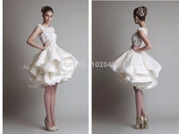 free shipping vestido de noiva 2015 knee length lace wedding dress organza ruffle casual short bridal ball gown applique trimmed