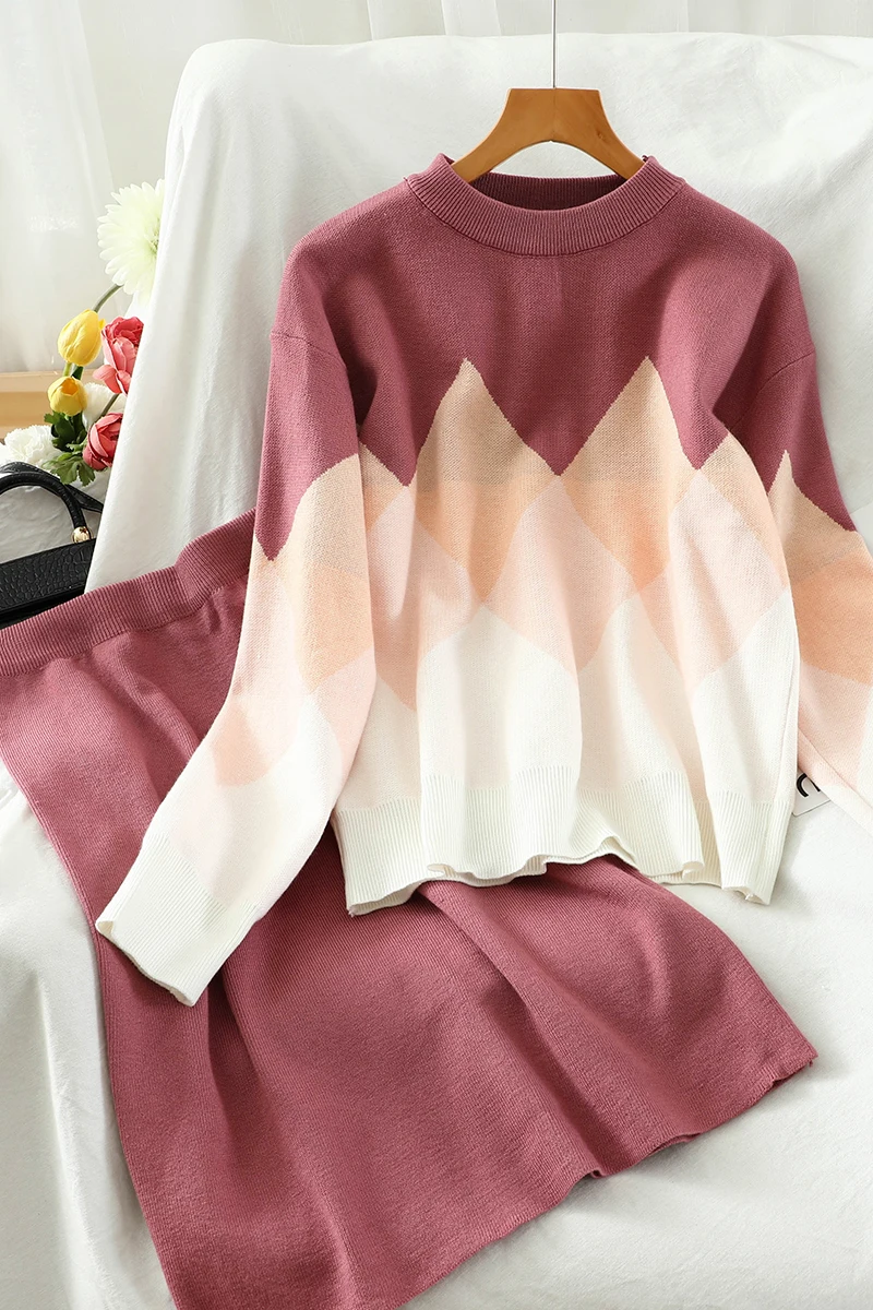 

New Fashion Autumn Knit Skirt Set New 2020 Loose Casual Pullover Sweater Top Midi Skirt Two Piece Female Sweater Suit