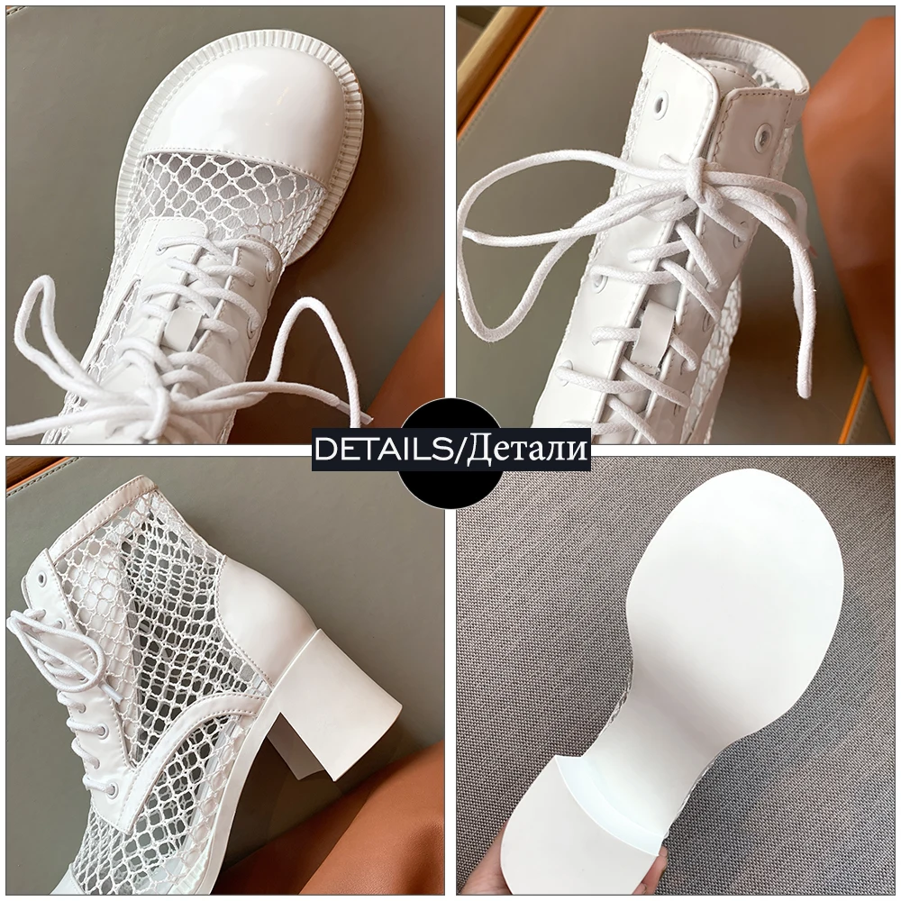 

WETKISS Fashion Ladies Mesh Booties Leather Square Heels Round Toe Ankle Boots Summer Platform Lace Up Shoes Woman Boot